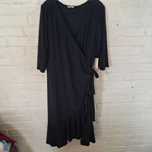 KIYONNA Plus Size 3X Wrap Dress Black Ruffle Stretch Slinky Made In USA NWT